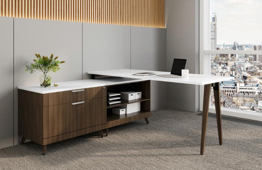 Mid Century Modern L-Shaped Desk with Storage Credenza - Office