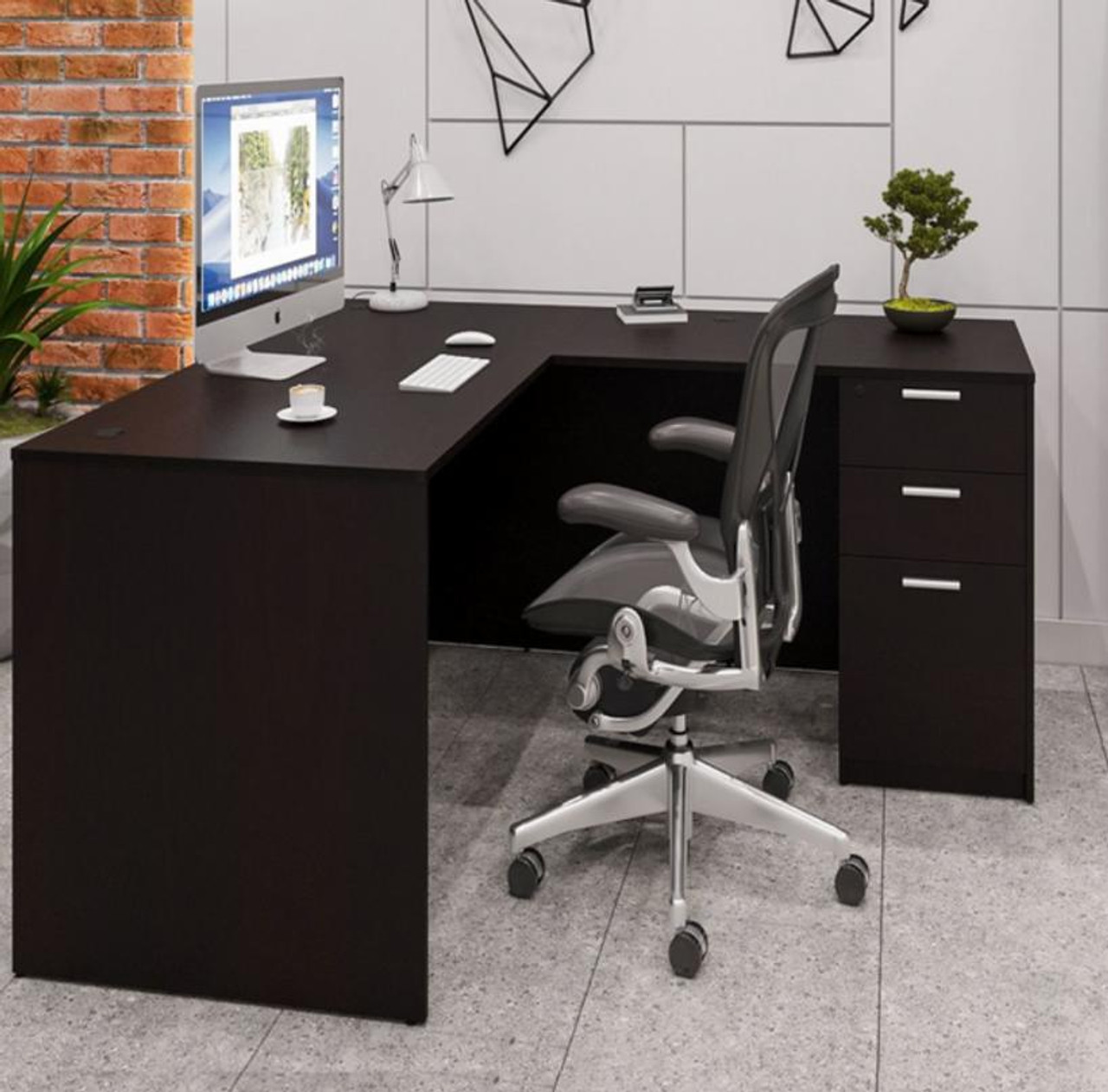 i5 Industries Contemporary L-Desk with Glass Door Hutch and Mobile File