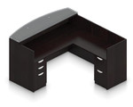 Offices To Go Superior Laminate Glass Top L-Shaped Reception Station with Freestanding 2-Door Storage Cabinet