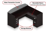 Offices To Go Superior Laminate Glass Top L-Shaped Reception Station with Freestanding 2-Door Storage Cabinet