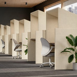 KFI Studios Canopy Height Adjustable Privacy Workstation with Upholstered Base and Laminate Work Surface