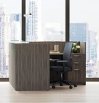 Offices To Go Superior Laminate Reversible L-Shape Reception Desk with Glass Transaction Top and Storage