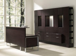 Global Total Office Global Foundations Contemporary Wood Veneer Reception Desk and Wall Storage Cabinet Configuration 