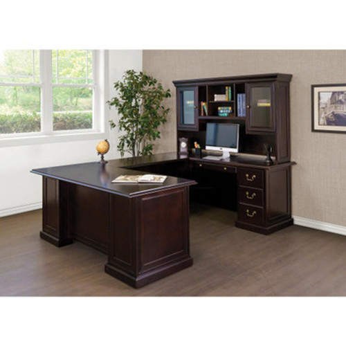  Office Source Rowland Mahogany Wood U-Shaped Executive Desk with Hutch 