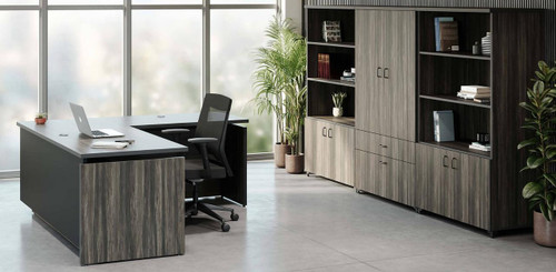 Right Angle Products Right Angle Presidente Ergonomic Executive L-Desk with Tevita Wall Cabinet Configuration 