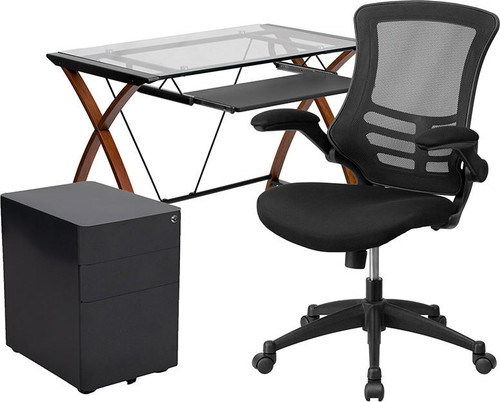  Flash Furniture Glass Desk Set with Chair and Filing Cabinet 