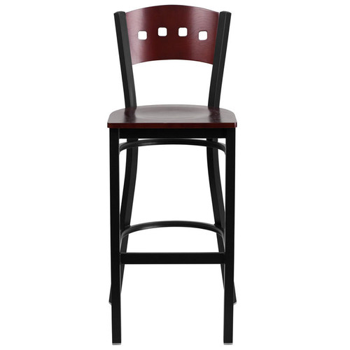  Flash Furniture Mahogany Bar Stool with Square Pattern Back and Metal Frame 