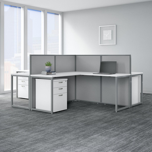  Bush Business Furniture Easy Office White 4 Person L Shaped Cubicle Desk with Drawers and 45H Panels 