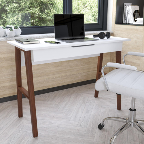  Flash Furniture White Writing Desk with Walnut Legs 