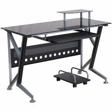  Flash Furniture Black Glass Computer Desk with Keyboard Platform and CPU Cart 