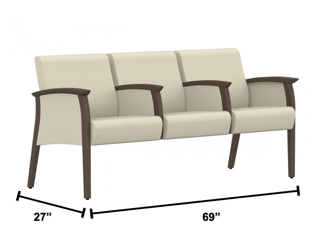 Global Total Office Global Care Primacare Healthcare Vinyl 3 Seat Waiting Room Bench with Wood Frame and Center Arms GC3626WCA 