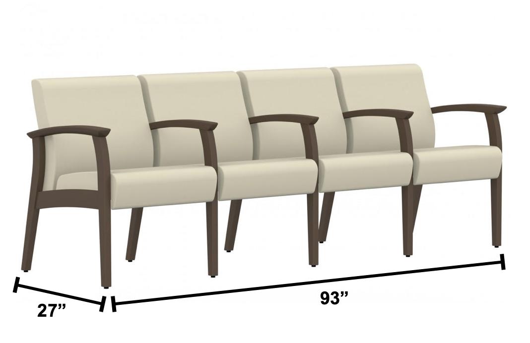 Global Total Office Global Care Primacare Healthcare Vinyl 4 Seat Guest Bench with Wood Frame and Center Arms GC3628W 