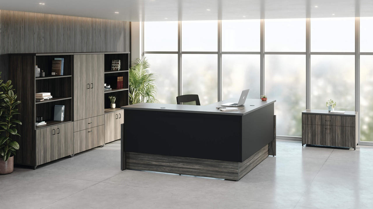 Right Angle Products Right Angle Presidente Fully Enclosed Sit-To-Stand Executive L-Desk with Accenting Tevita Cabinets 