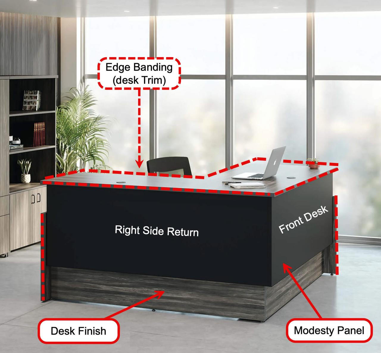 Right Angle Products Right Angle Presidente Fully Enclosed Sit-To-Stand Executive L-Desk with Accenting Tevita Cabinets 
