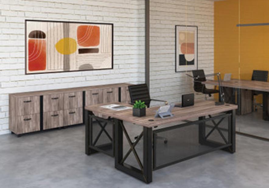  Office Source Riveted Collection Farmhouse Style L-Desk with Lateral File Cabinets 