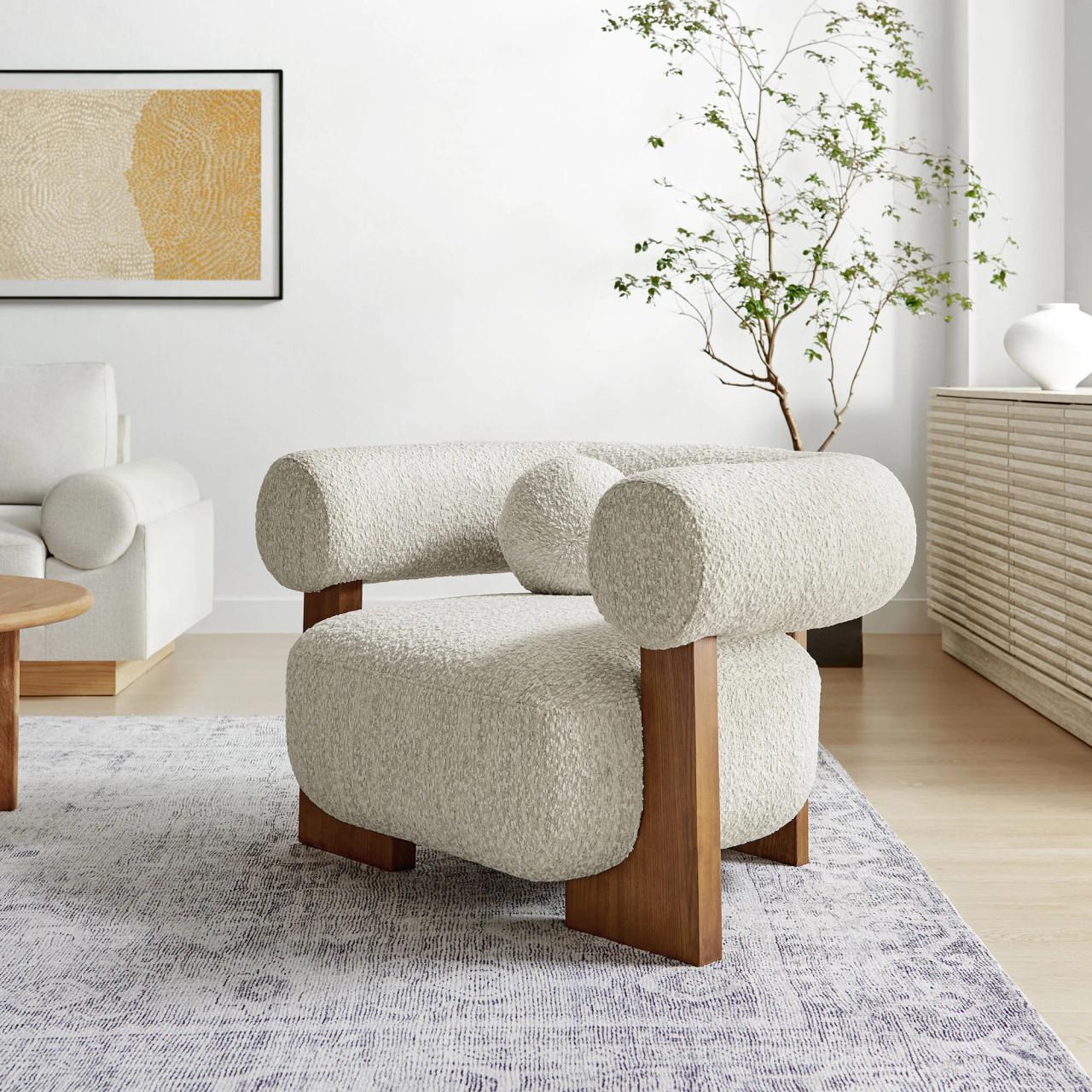  Modway Jace Boucle Pearl Upholstered Armchair with Wood Accents EEI-6996 