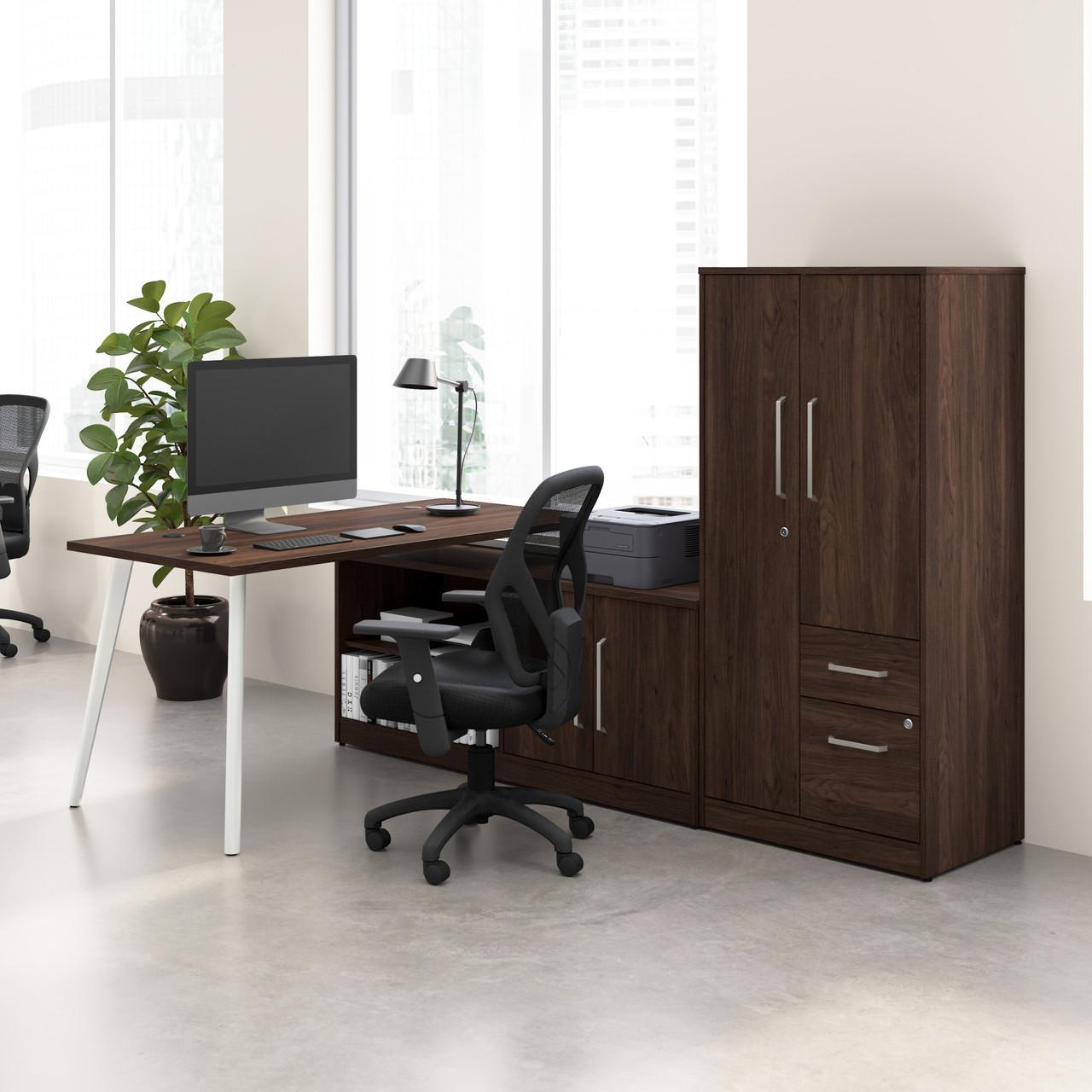  Bush Business Furniture Vista 60W L Shaped Desk with Metal Legs, Low Storage Cabinet, and Wardrobe 