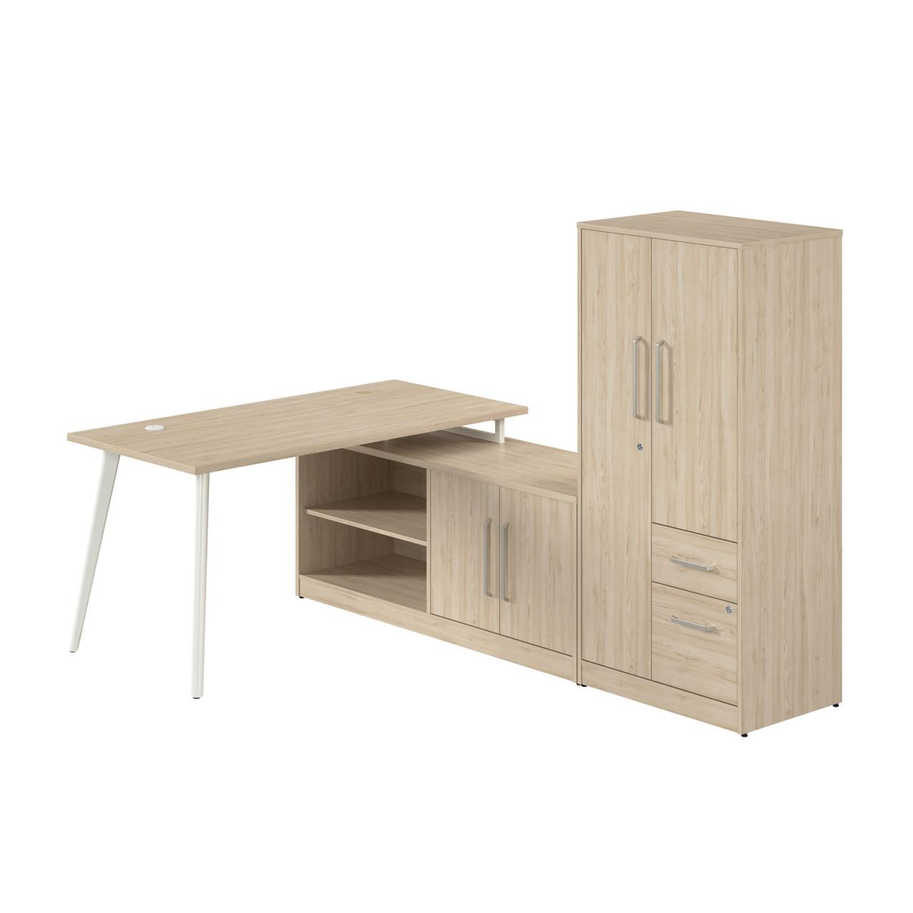  Bush Business Furniture Vista 60W L Shaped Desk with Metal Legs, Low Storage Cabinet, and Wardrobe 