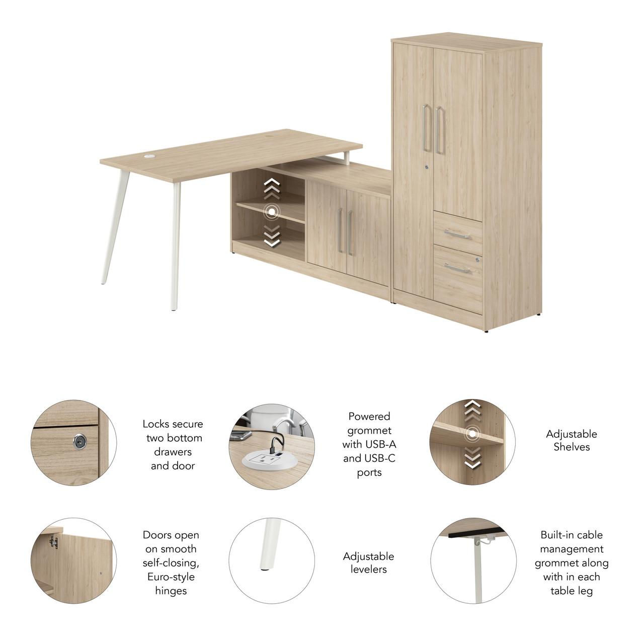  Bush Business Furniture Vista 60W L Shaped Desk with Metal Legs, Low Storage Cabinet, and Wardrobe 