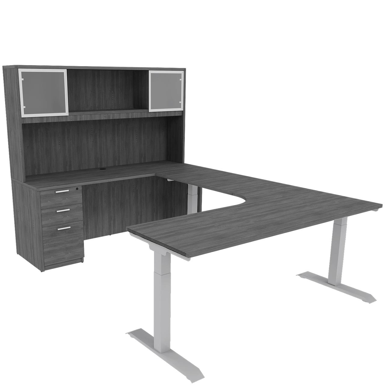  i5 Industries iRize 72"W x 95.75"D Height Adjustable U-Desk with Glass Door Hutch 