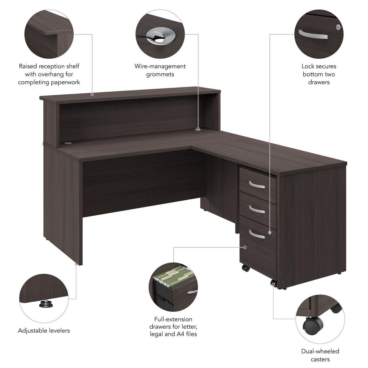  Bush Business Furniture Arrive 60W x 72D L Shaped Reception Desk with Shelf and Mobile File Cabinet 