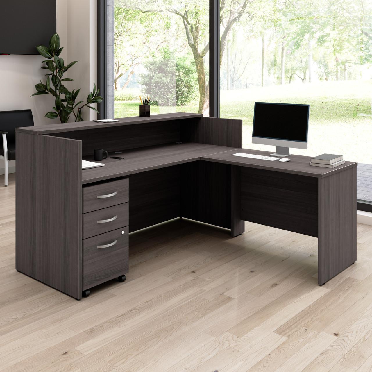  Bush Business Furniture Arrive 72W x 72D L Shaped Reception Desk with Shelf and Mobile File Cabinet 