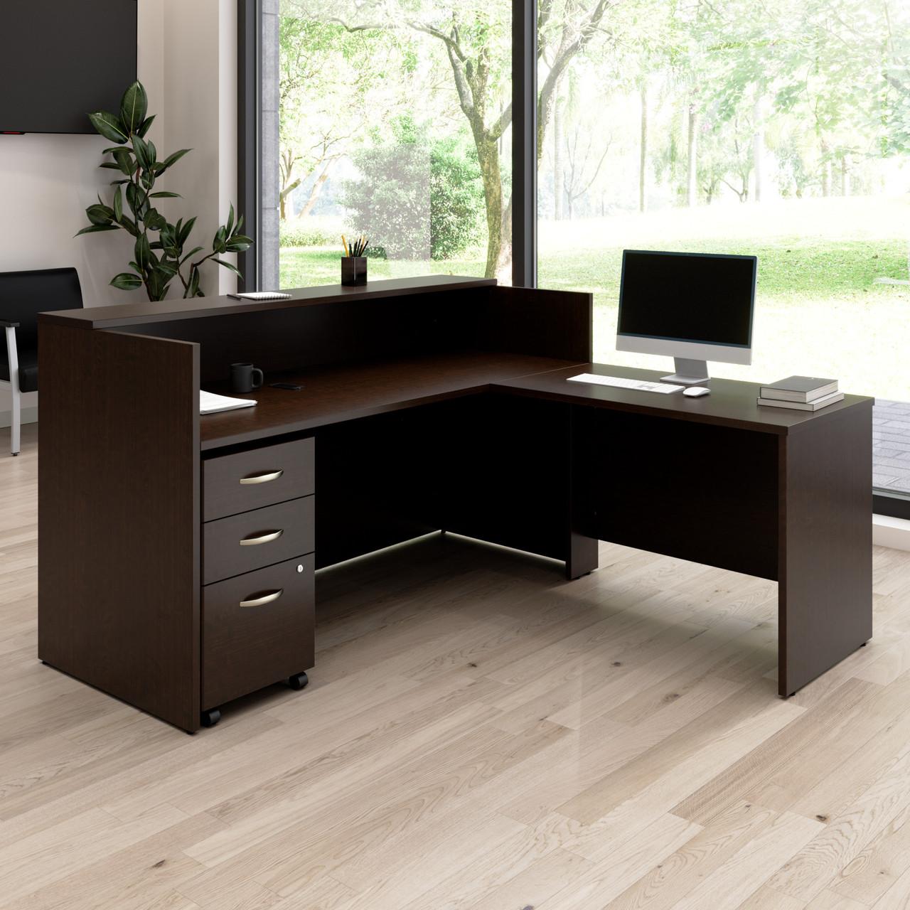  Bush Business Furniture Arrive 72W x 72D L Shaped Reception Desk with Shelf and Mobile File Cabinet 