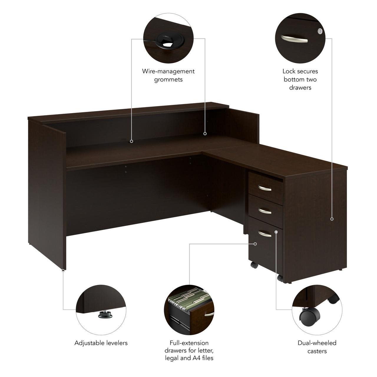  Bush Business Furniture Arrive 72W x 72D L Shaped Reception Desk with Shelf and Mobile File Cabinet 