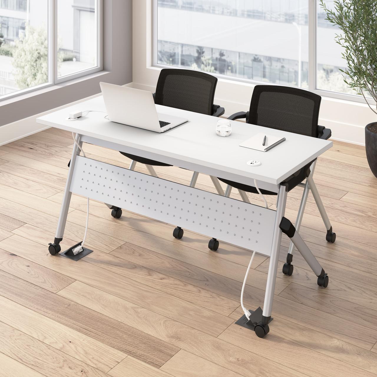  Bush Business Furniture Envision 60W Training Table with Powered Grommets and 2 Chairs with Arms 