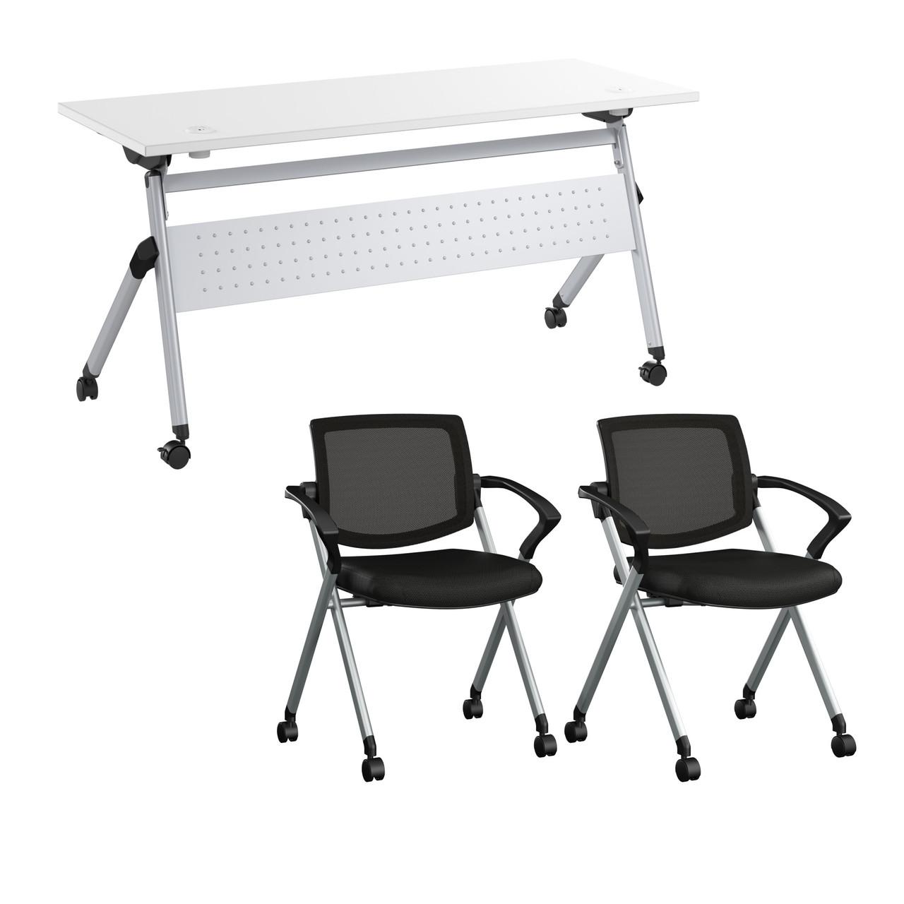  Bush Business Furniture Envision 60W Training Table with Powered Grommets and 2 Chairs with Arms 