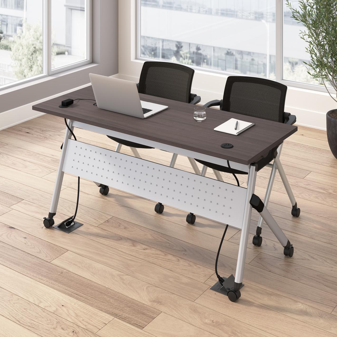  Bush Business Furniture Envision 60W Training Table with Powered Grommets and 2 Chairs with Arms 