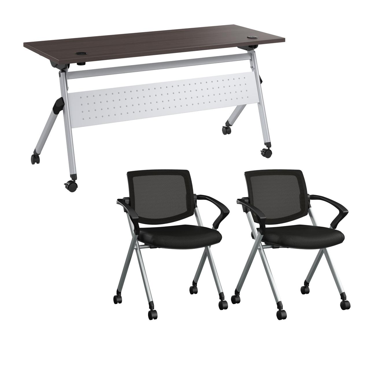  Bush Business Furniture Envision 60W Training Table with Powered Grommets and 2 Chairs with Arms 