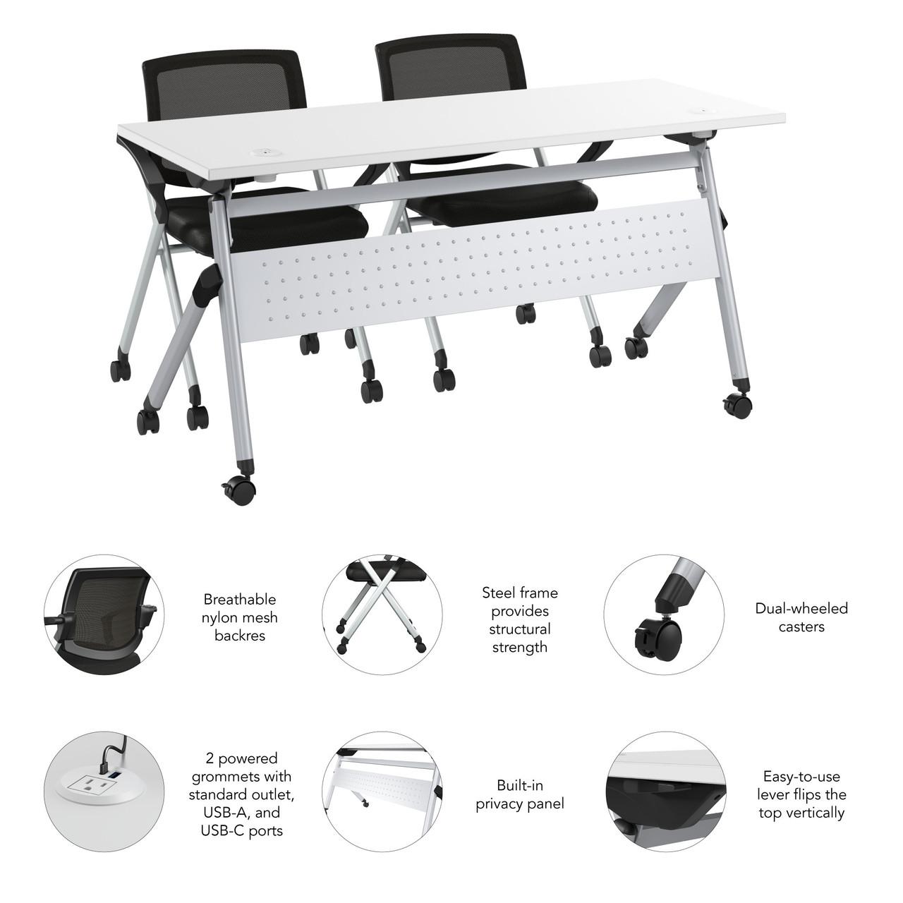  Bush Business Furniture Envision 60W Training Table with Powered Grommets and 2 Chairs with Arms 