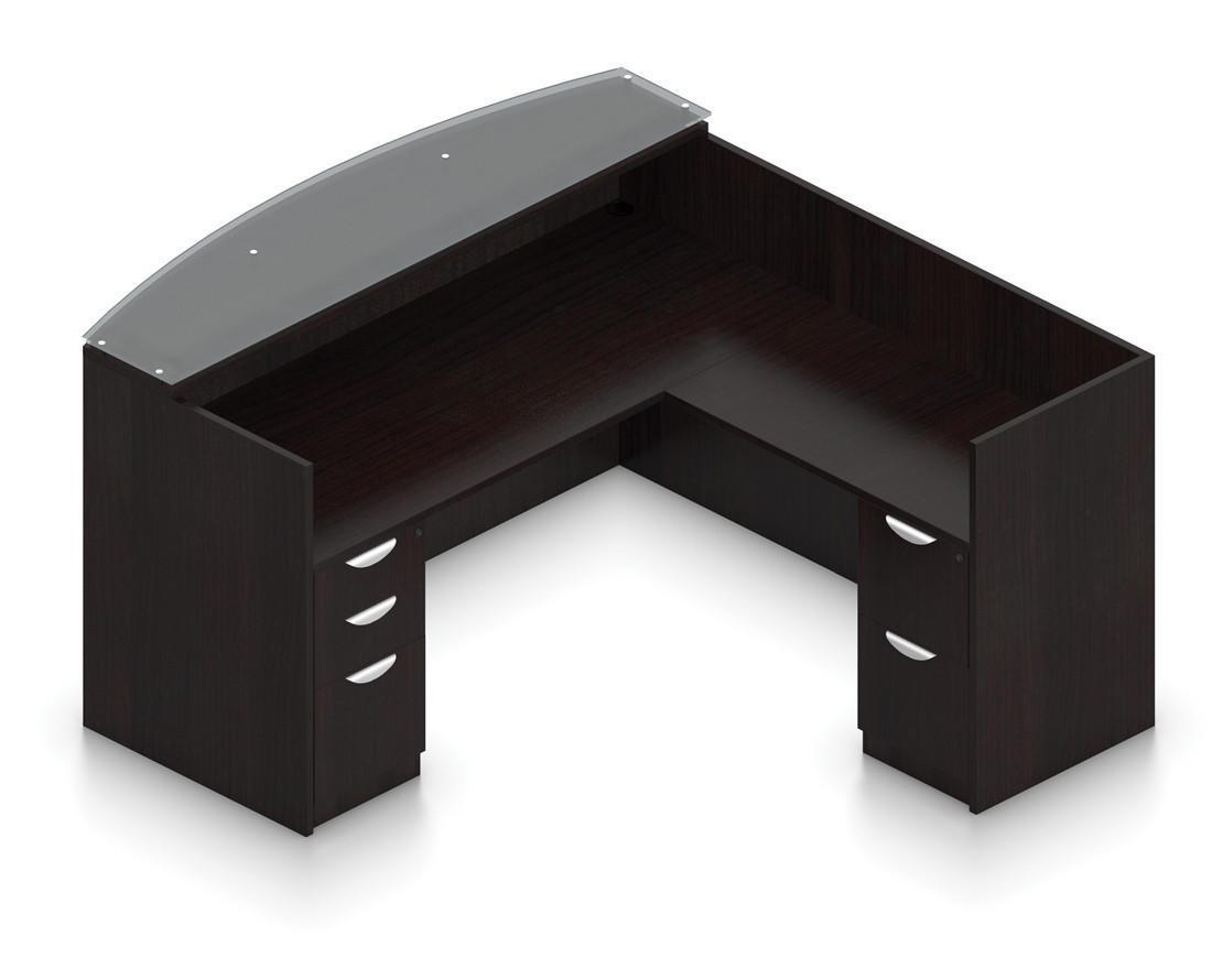 Offices To Go Superior Laminate Glass Top L-Shaped Reception Station with Freestanding 2-Door Storage Cabinet