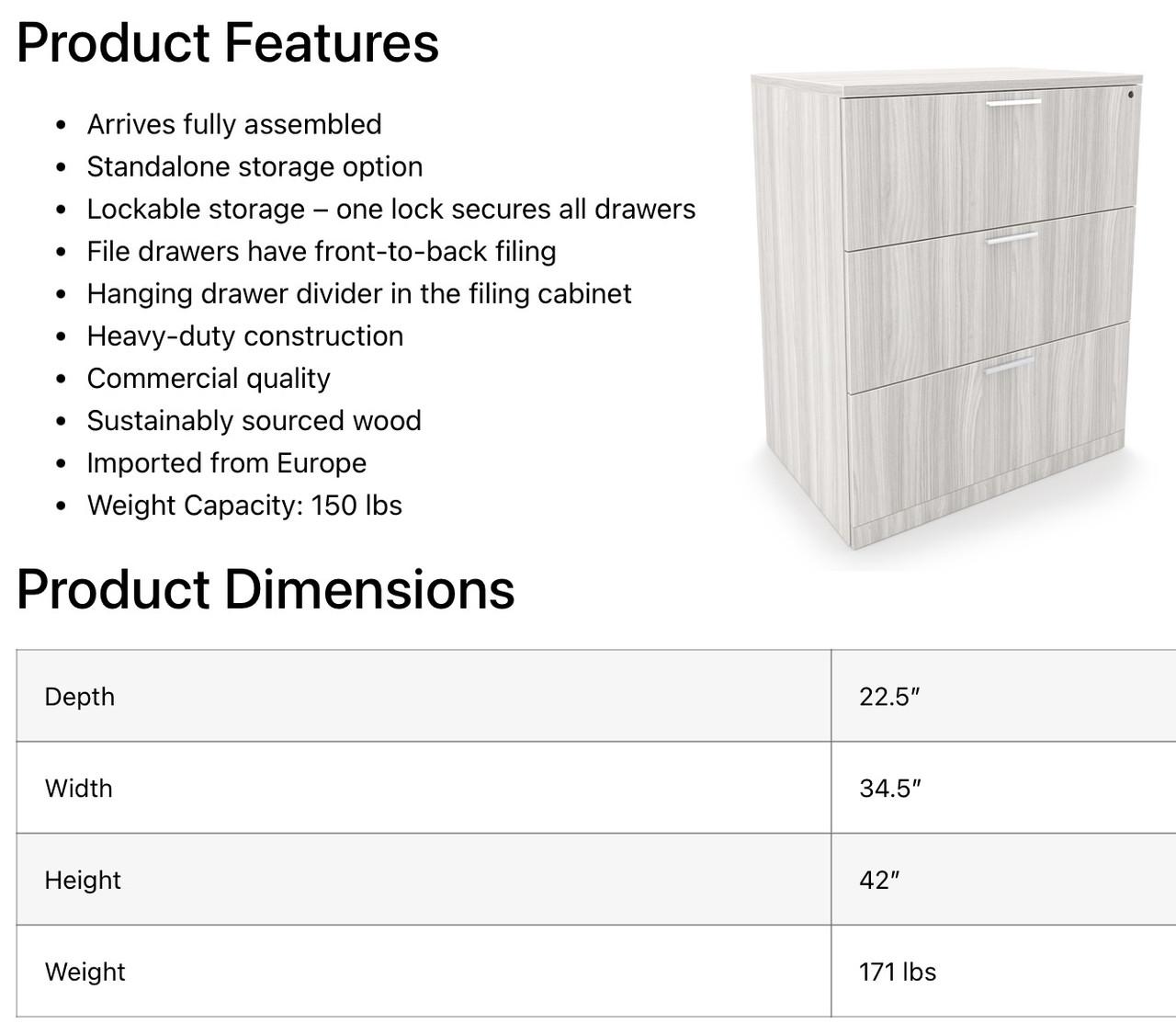  i5 Industries Rayne Lateral File Cabinet with 3 Drawers RN-L36DR3 