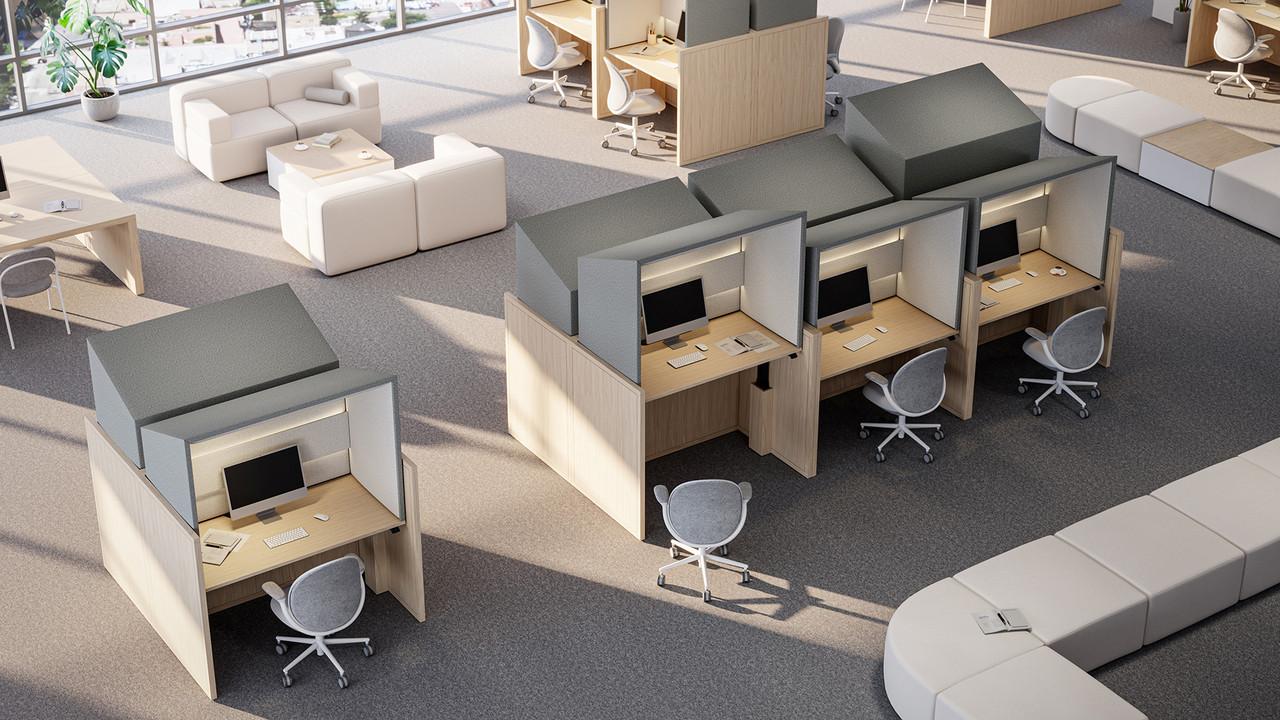  KFI Studios Canopy Height Adjustable High Pressure Laminate Workstation with Upholstered Privacy Hood WS100-LEW-L 