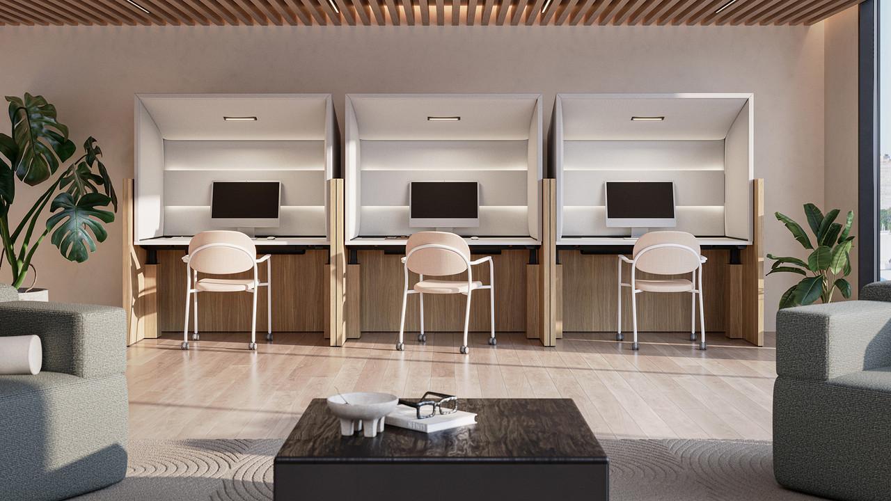  KFI Studios Canopy Height Adjustable High Pressure Laminate Workstation with Upholstered Privacy Hood WS100-LEW-L 