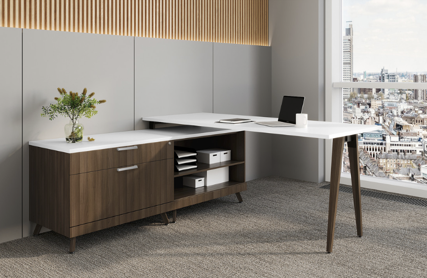 Mid Century Modern L-Shaped Desk with Storage Credenza - Office Source Variant Collection OSTYP216