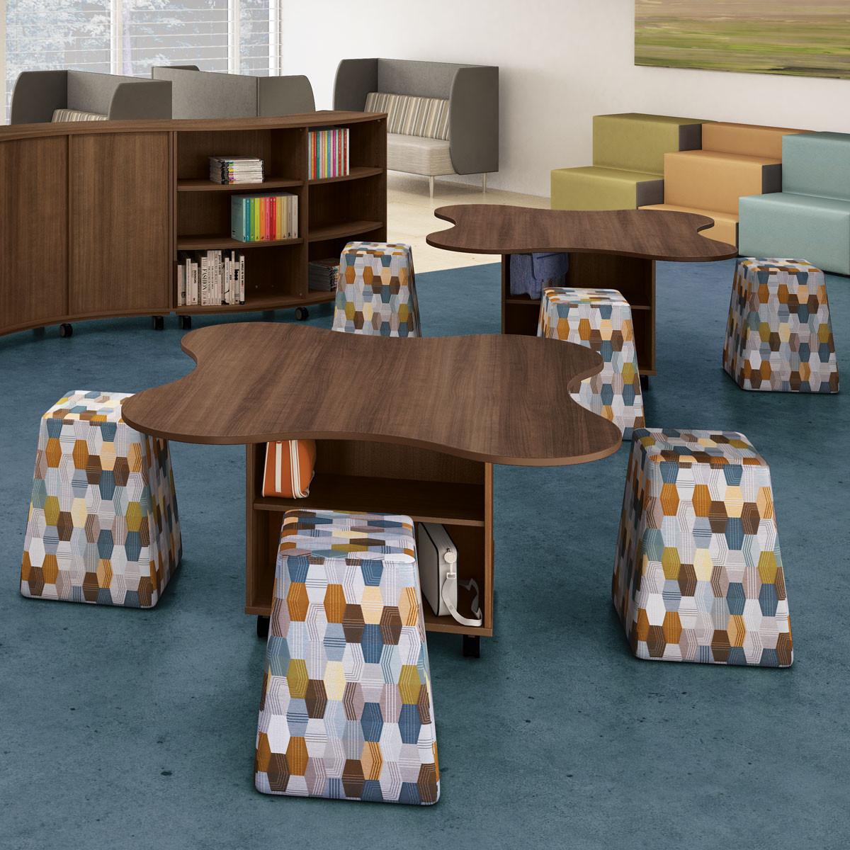 HPFI Furniture 48"W x 48"D Clover Top Collaborative Table with Open Storage Shelves - HPFI Hyperwork Collection 