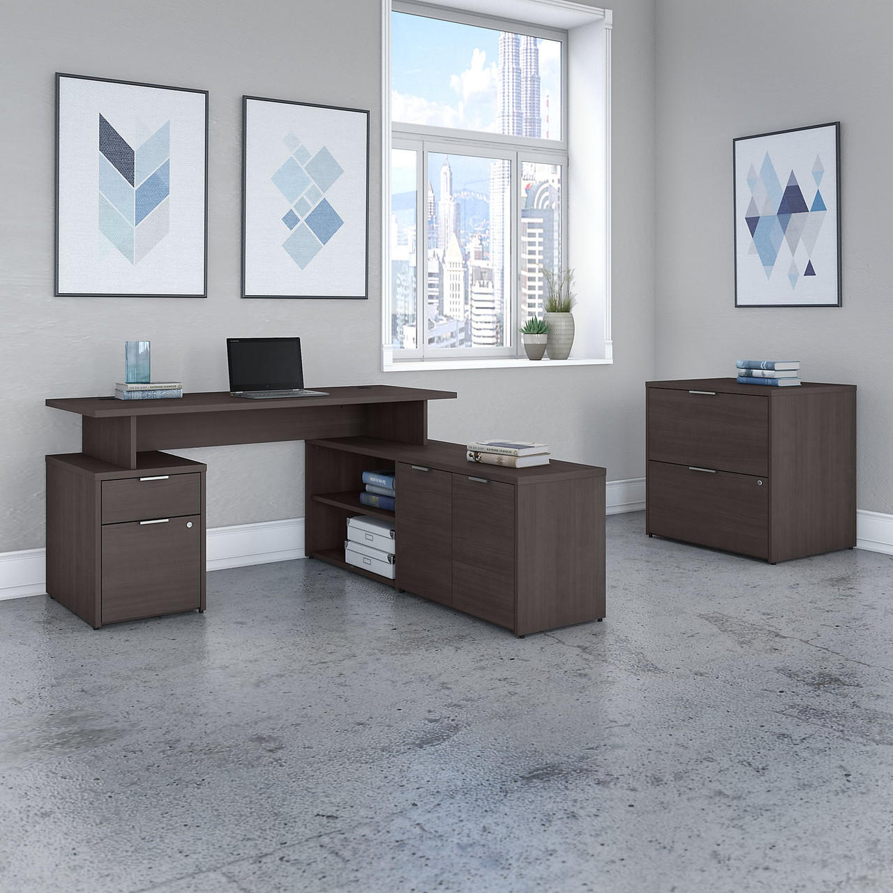 Bush Business Furniture Jamestown 60W L Shaped Desk with Drawers and Lateral File Cabinet 