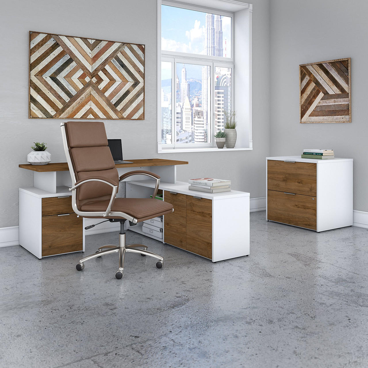  Bush Business Furniture Jamestown 60W L Shaped Desk with Lateral File Cabinet and High Back Office Chair 