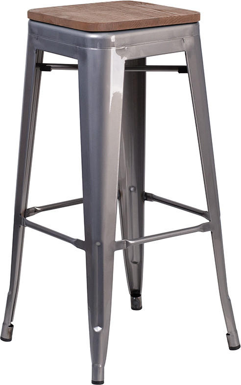  Flash Furniture 30" High Backless Clear Coated Metal Bar Stool with Wood Seat 