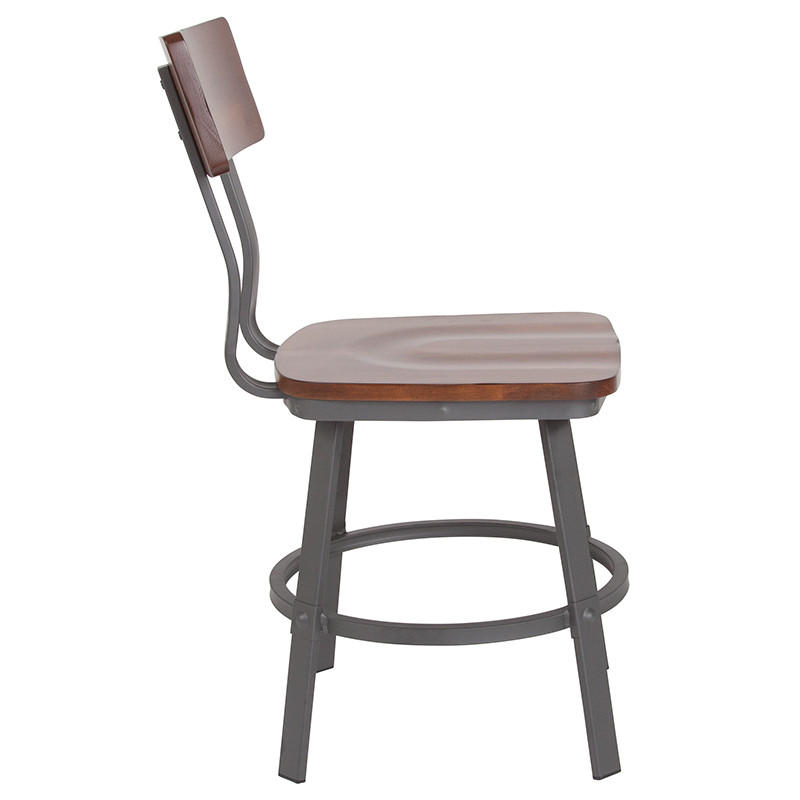  Flash Furniture  Flint Series Rustic Walnut Restaurant Chair with Gray Metal Frame 