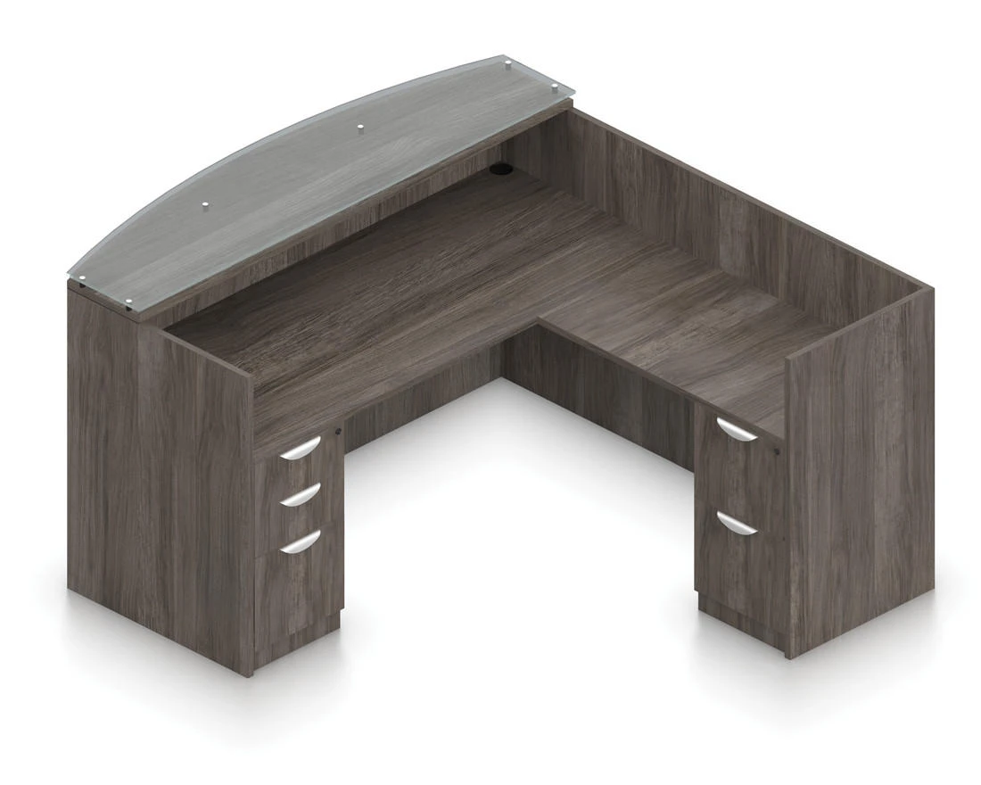 Offices To Go Superior Laminate Reversible L-Shape Reception Desk with Glass Transaction Top and Storage