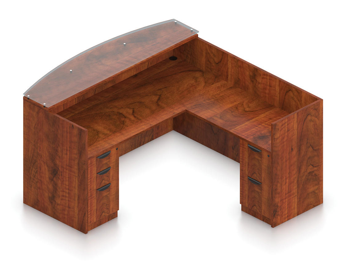 Offices To Go Superior Laminate Reversible L-Shape Reception Desk with Glass Transaction Top and Storage