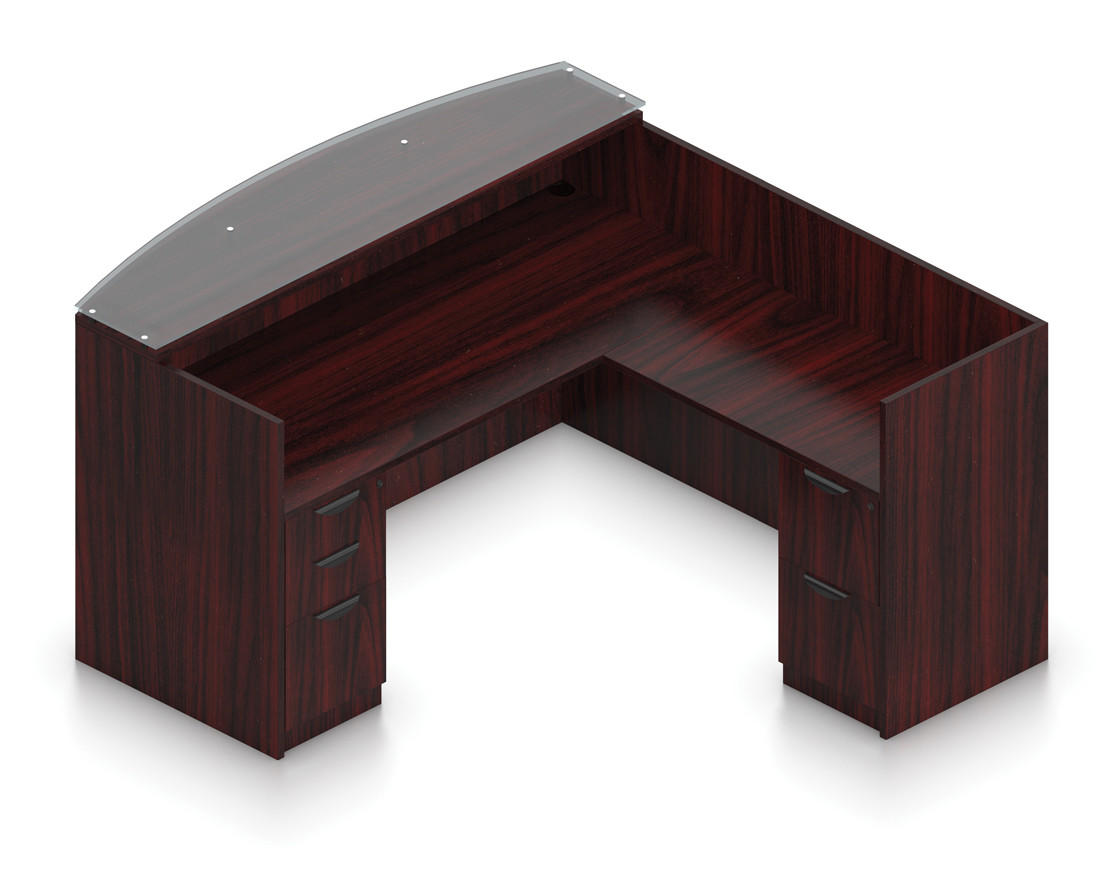 Offices To Go Superior Laminate Reversible L-Shape Reception Desk with Glass Transaction Top and Storage