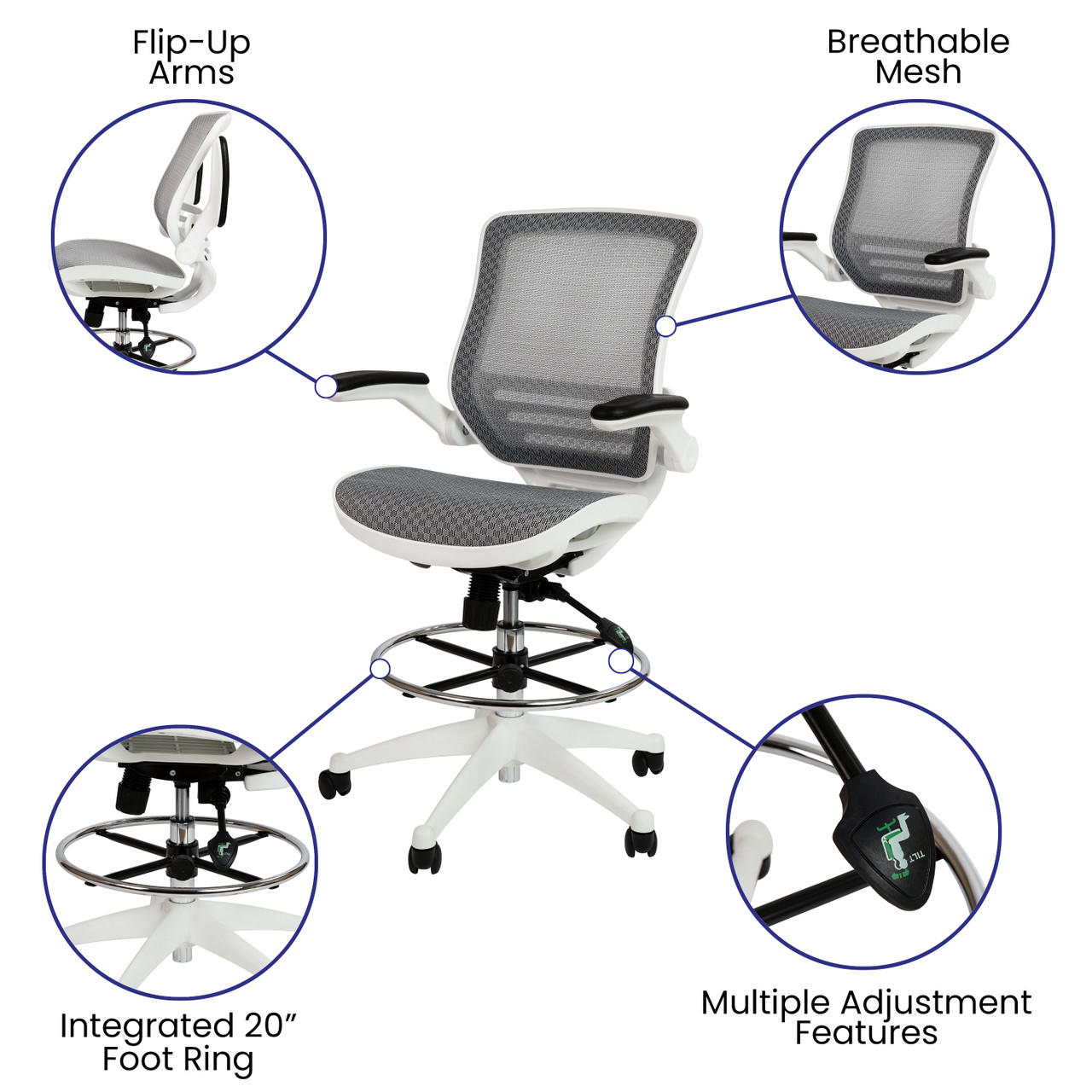  Flash Furniture Ergonomic Mesh Drafting Chair with Flip Arms 