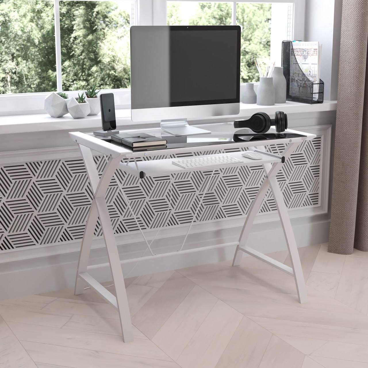  Flash Furniture Modern White Computer Desk with Glass Top 