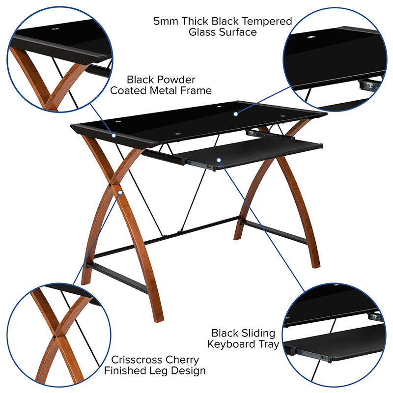  Flash Furniture Black Glass Top Computer Desk with Cherry Wood Legs 