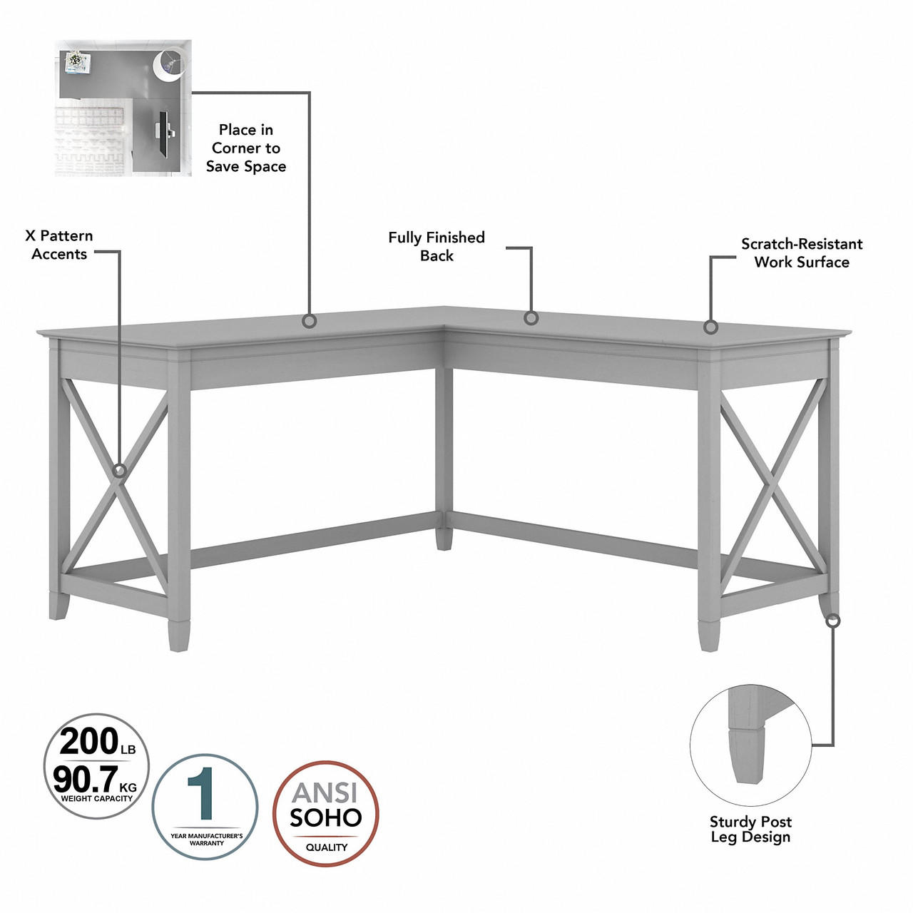 Bush Business Furniture Bush Furniture Key West 60W L Shaped Desk with 2 Drawer Mobile File Cabinet 